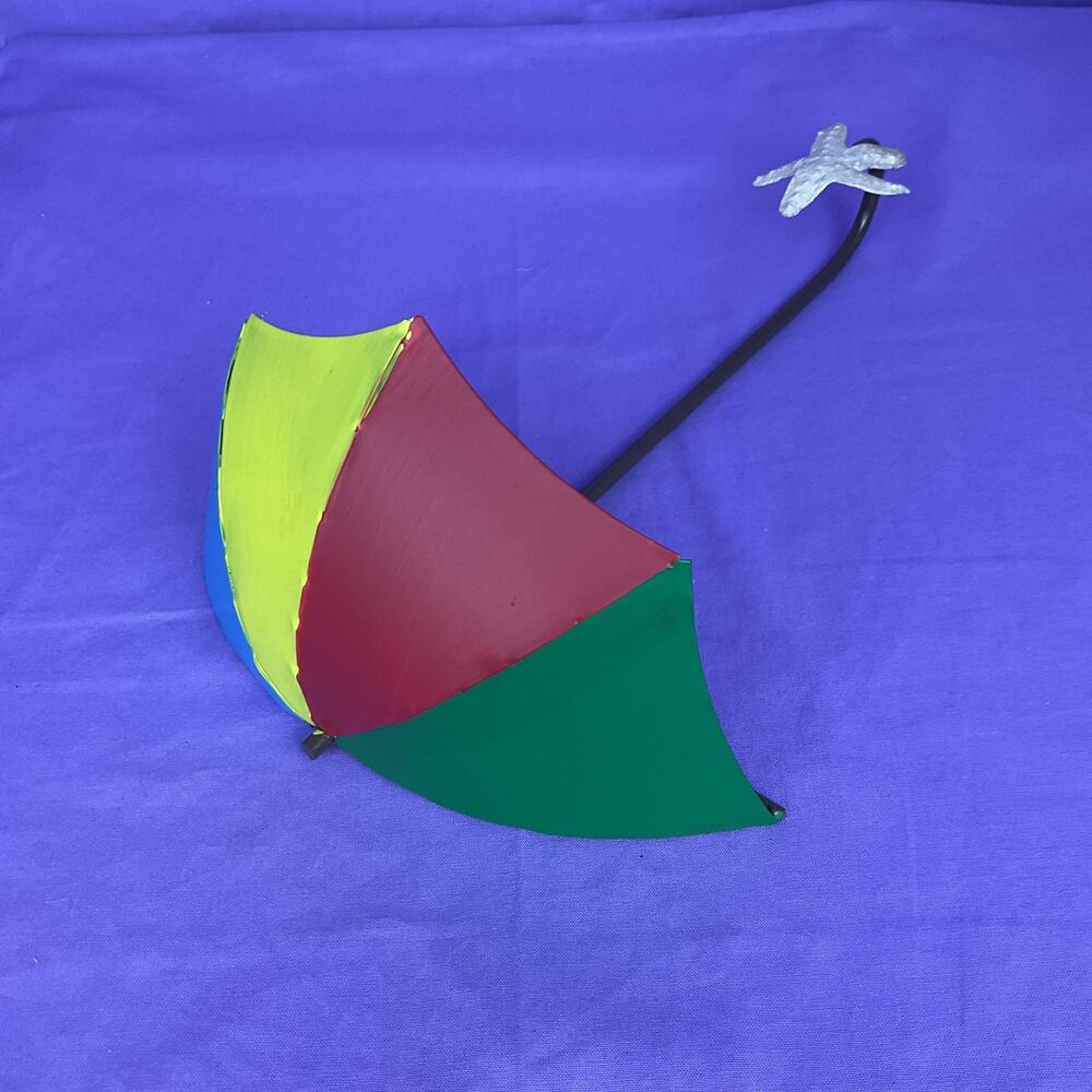 Metal Beach Umbrella Wall Hook - Colorful Striped Umbrella with Starfish Accent
